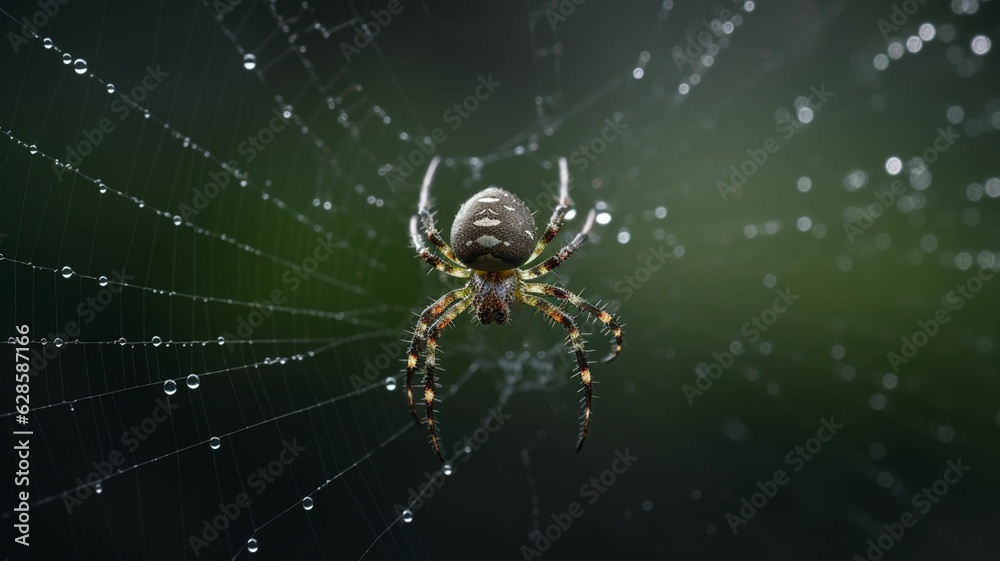 AI generated illustration of a beautiful spider perched on its intricate wet web AI generated illustration of a beautiful spider perched on its intricate wet web