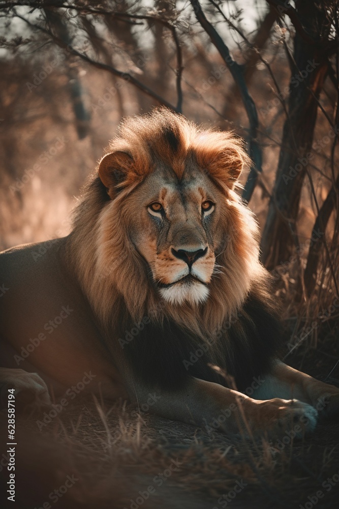 AI generated illustration of a majestic lion laying in a lush brown forest
