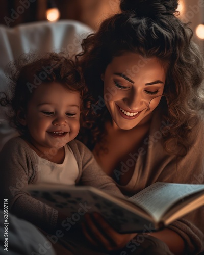 Cheerful mother reading a bedtime story to her young son - Ai generated photo