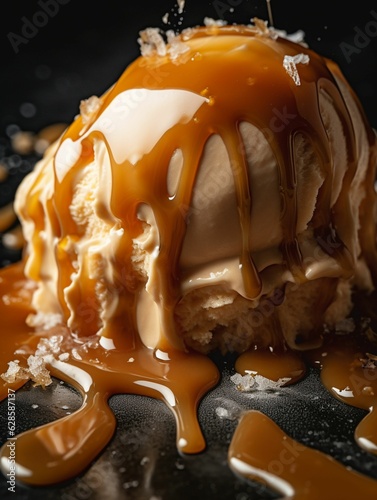 AI generated illustration of a an ice cream topped with melted caramel