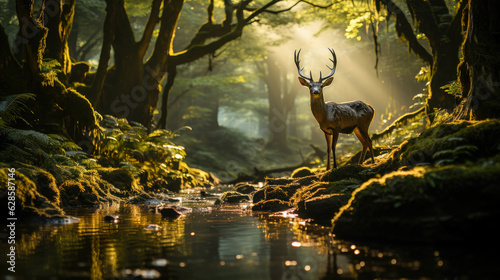 Fotografia, Obraz A tranquil forest at dawn with a deer in the clearing and sunrays creating a bea