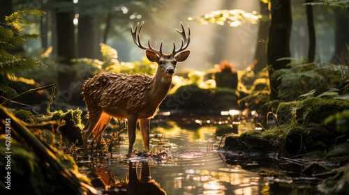A serene forest scene at dawn with sun's rays piercing through dense foliage and a deer grazing peacefully