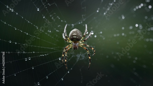 AI generated illustration of a beautiful spider perched on its intricate wet web © Encolof/Wirestock Creators