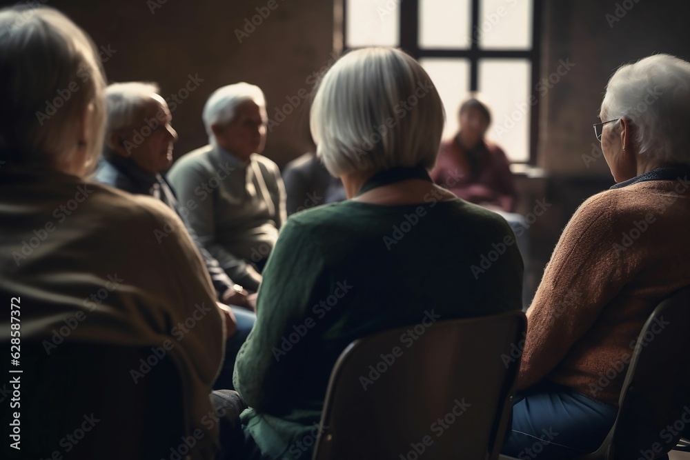 AI generated illustration of a group of senior adults participating in a group therapy session