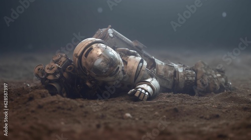 AI generated illustration of a spaceman lying on the dirt