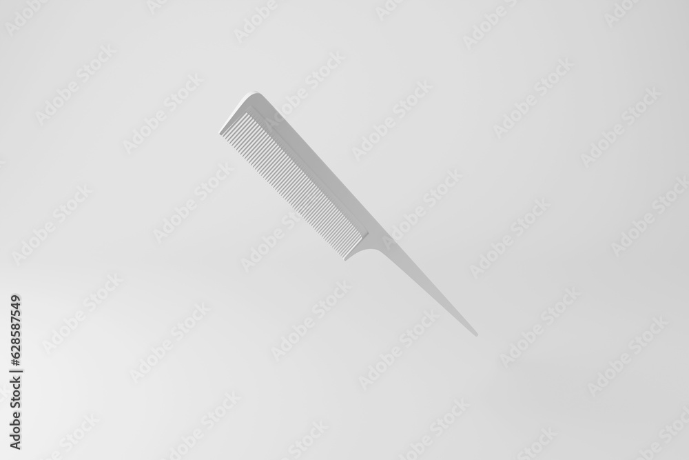 White rat tail comb floating in mid air on white background in monochrome and minimalism. Illustration of the concept of beauty and fashion - obrazy, fototapety, plakaty 