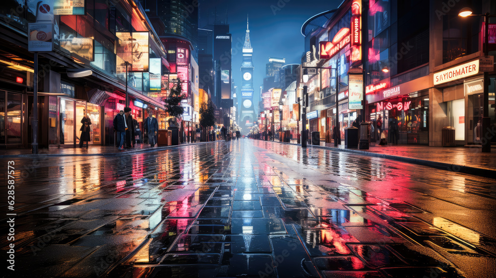 A depiction of urban nightlife with neon-lit streets and people reveling in the city's vibrant energy