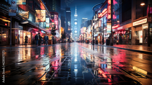 Print op canvas A depiction of urban nightlife with neon-lit streets and people reveling in the