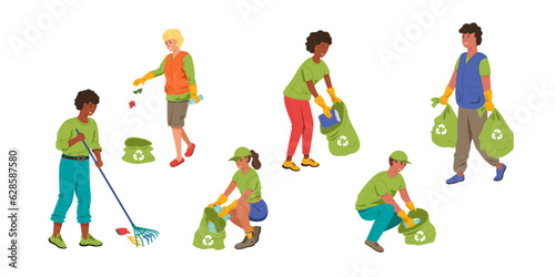 A set of volunteers clean up garbage and waste in a bag. Collection of people isolated on white background. Caring for the environment. Vector stock illustration.
