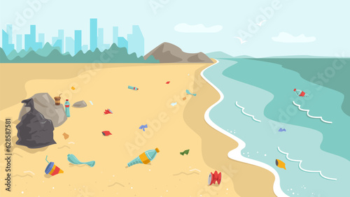 Dirty sea beach, household waste.Empty plastic bottles, cup.Ecological disaster.Environmental pollution.Vector stock illustration.