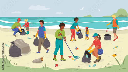 People volunteers clean up garbage on the beach by the sea. Polluted sea beach. Sustainability practices. Vector stock illustration.