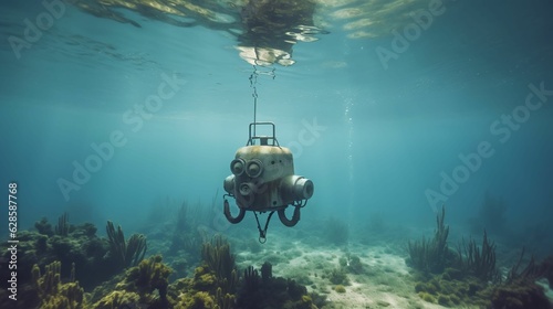 AI generated illustration of an underwater robotic figure in deep water photo