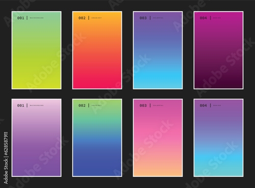 Colorful gradient screen background template copy space set. Smooth vibrant colour gradation backdrop design. Suitable for wallpaper, poster, banner, brochure, leaflet, cover, or magazine.