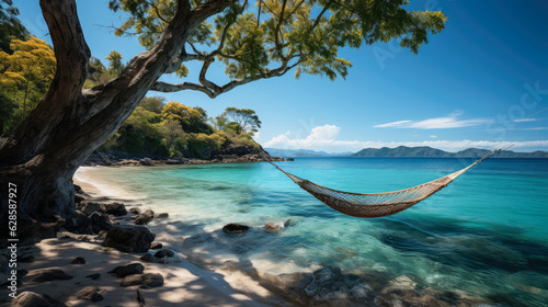 A serene tropical beach scene featuring palm trees, a hammock, and the crystal-clear ocean stretching to the horizon