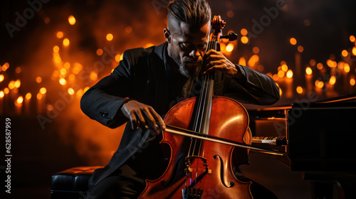 Soulful Melodies: Black Man Playing Violoncello Against Magnificent Backdrop. Generative AI