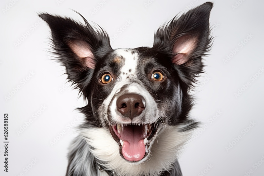 a black and white dog with its mouth open