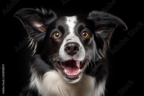 a black and white dog with its mouth open on a black background