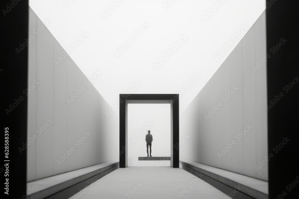 Fototapeta premium a black and white photo of a man standing in an open doorway