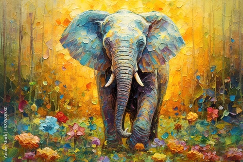 AI generated illustration of a stunningly vivid oil painting of an elephant