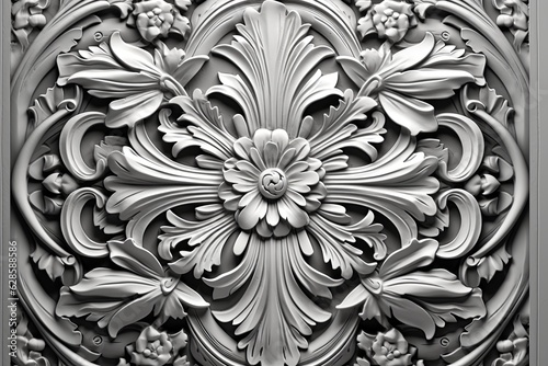 a black and white photo of an ornate design on a wall