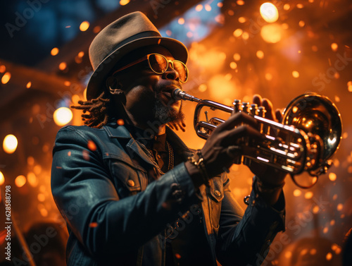 Harmonious Serenade: Talented Black Man Playing Trumpet on a Beautiful Background. Generative AI