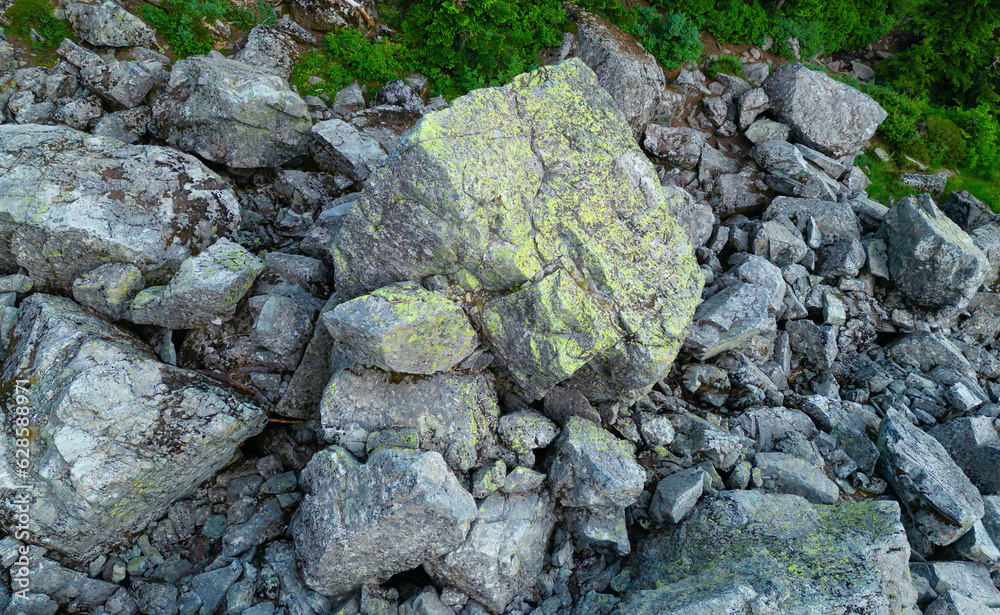 Rocky Boulder Field in the Canadian Mountain Landscape. Aerial Nature Background.