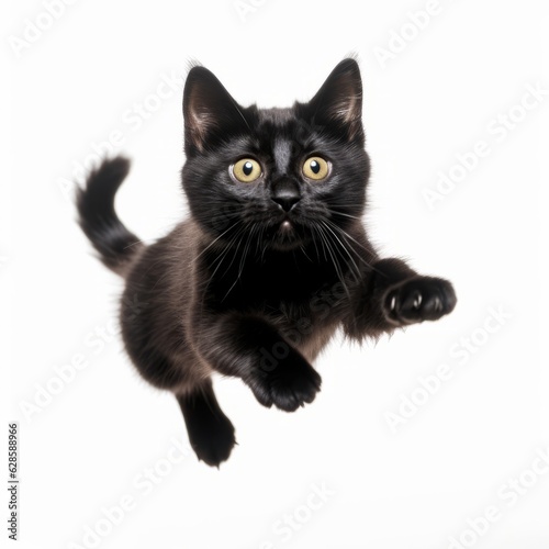 a black cat is flying in the air on a white background
