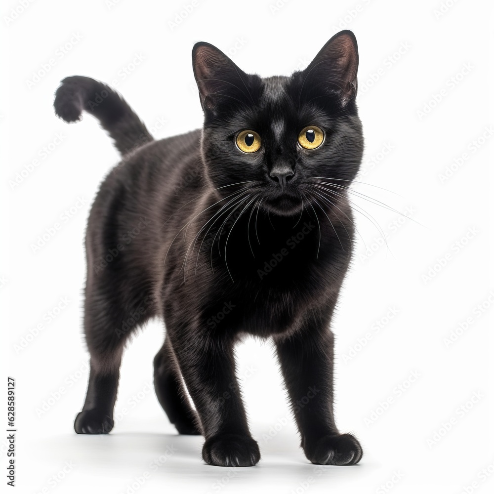 a black cat is standing in front of a white background