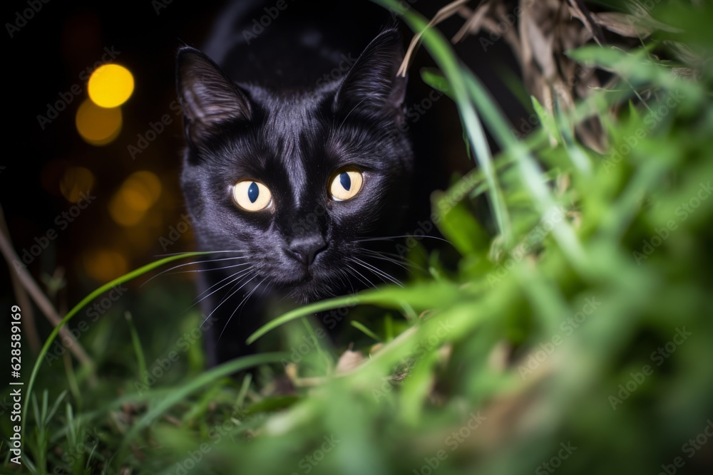 a black cat is walking in the grass at night