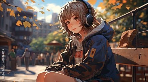 Lofi girl style anime character looking relaxed on a bench 