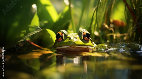 AI generated illustration of a frog submerged in a pond water surrounded by green grass