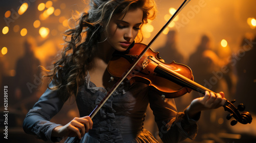 Enchanting Melody: Beautiful Woman Playing Violin on a Gorgeous Background. Generative AI