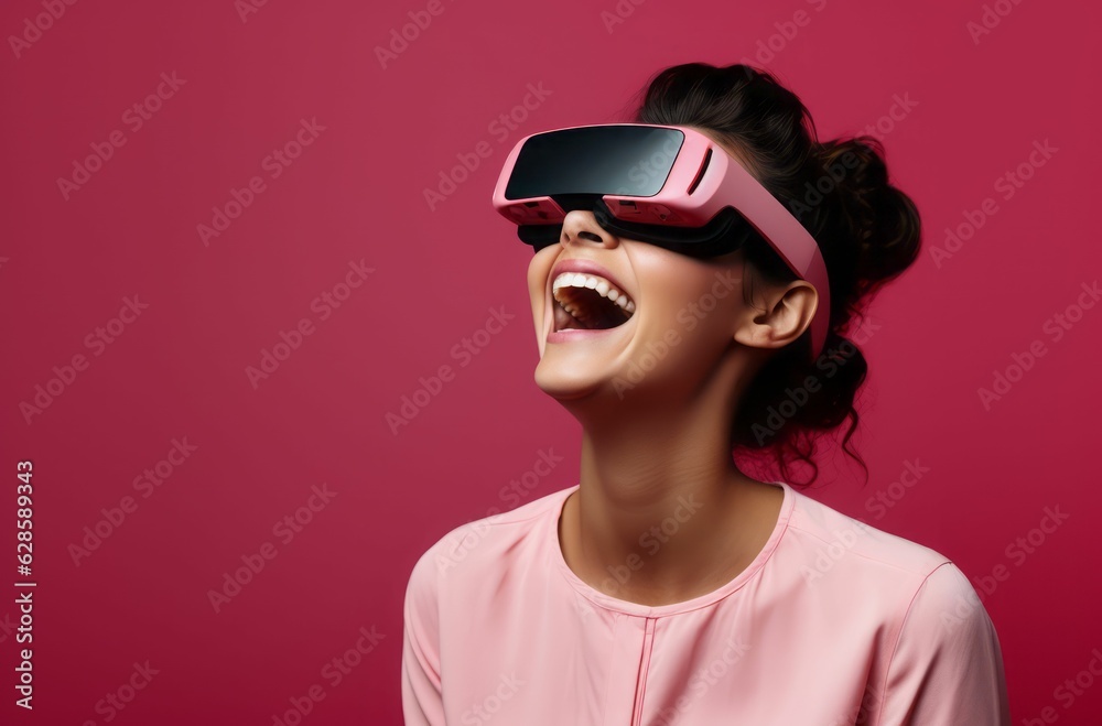 Cheerful young woman wearing virtual reality glasses at a studio. AI-generated.