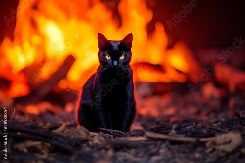 a black cat sitting in front of a fire