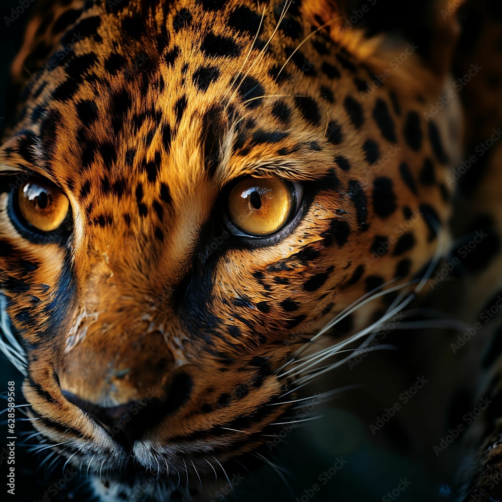 Fototapeta premium AI generated illustration of a wild african leopard in a dark, natural environment