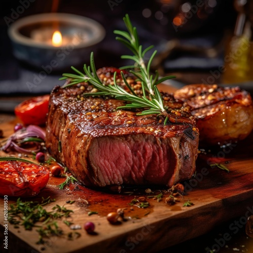 AI generated illustration of a delicious steak with rosemary on a cutting board