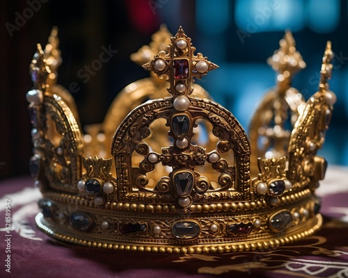 AI generated illustration of a golden crown on the table with a blurry background
