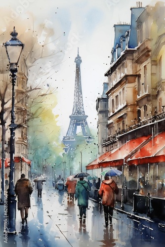 AI generated illustration of a painting of people walking down a street at the Eiffel Tower in Paris