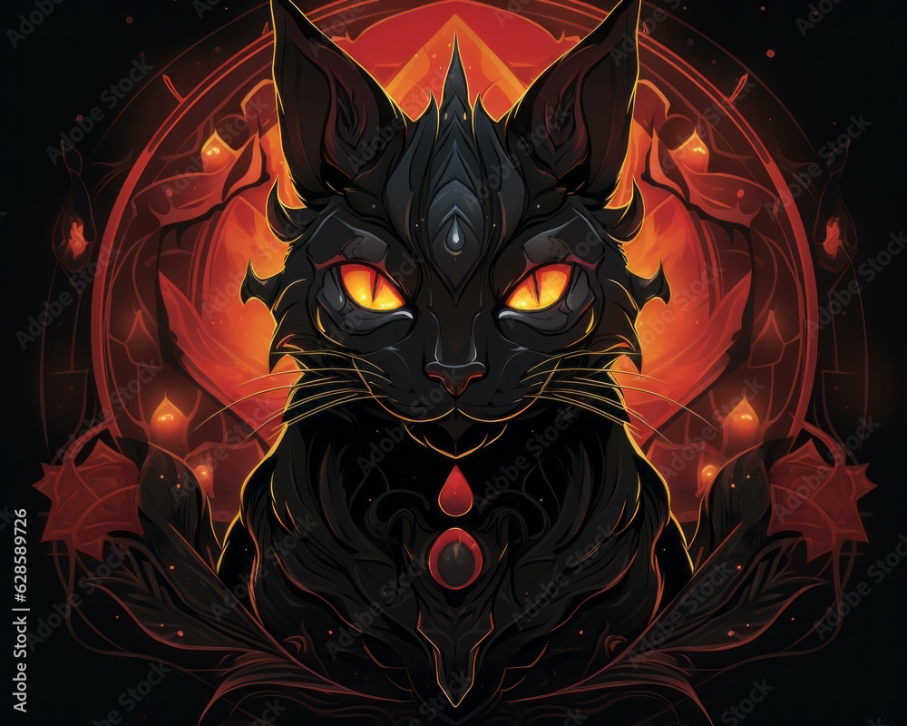 a black cat with red eyes and flames on its face