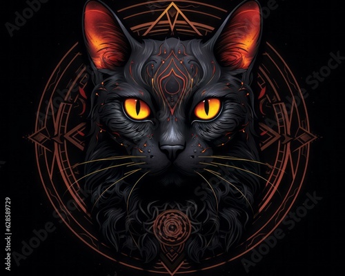 a black cat with orange eyes in the center of an ornate design