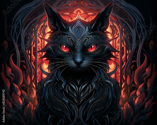 a black cat with red eyes in front of a dark background