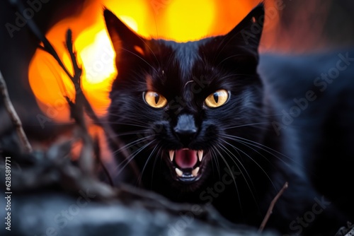 a black cat with its mouth open in front of a fire