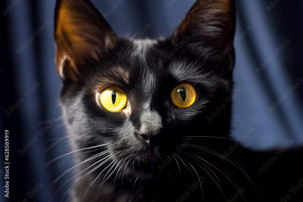 a black cat with yellow eyes looking at the camera