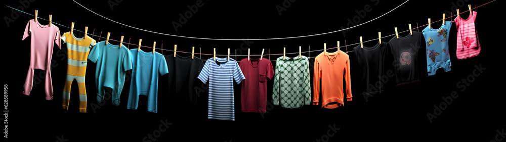 Ultra-Wide Background of Various Clothes hanging on a Clothesline (Generative AI) Ultra-Wide Background of Various Clothes hanging on a Clothesline (Generative AI)