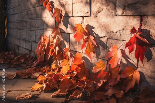 Bright brick wall illuminated by the sun with fallen maple leaves in autumn