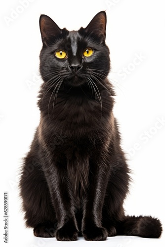 a black cat with yellow eyes sitting down