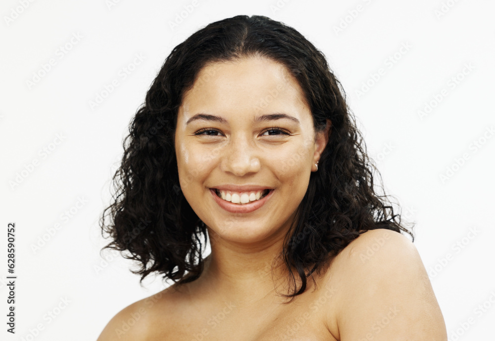 Beauty, smile and woman with brush for makeup, skincare products and cosmetics on white background. Salon aesthetic, cosmetology and face portrait of excited girl with tools to apply foundation