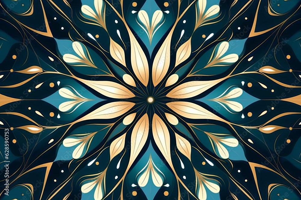 a blue and gold floral pattern on a black background