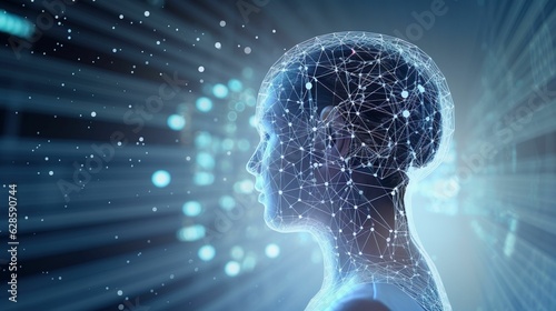 AI generated illustration of a digital futuristic human head against bright blue network background