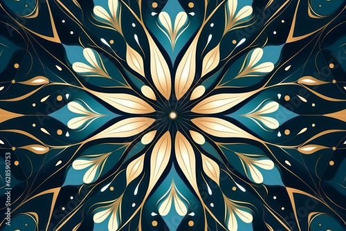 a blue and gold floral pattern on a black background © AberrantRealities